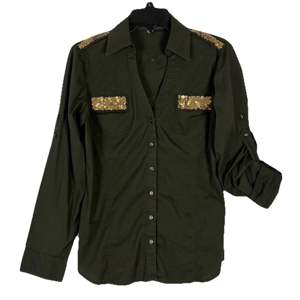 Nwot Express Essential Stretch Button Shirt M Green Sequins Roll Tab Classy Lady